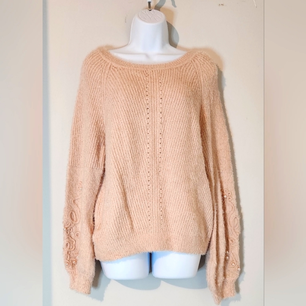 Pearl detail Long Sleeve Fuzzy Sweater